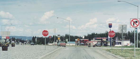 Northbound lanes of Richardson Highway in Delta Junction, with the Alaska Highway merging into the roadway from the right