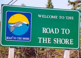 Road to the Shore marker, with seagull flying over the sea