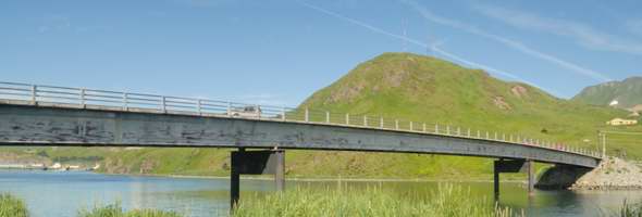 View of west side of Bridge to the Other Side, from near north end of bridge; Haystack Hill and its radio towers in the right background