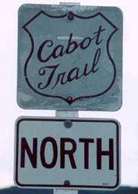 Old trunk route marker with 'Cabot Trail' in script within shield outline