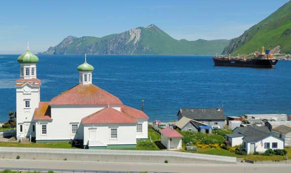 Scenic view of Iliuliuk Bay east from Haystack Hill, with the Orthodox cathedral on the left