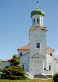 Front of Holy Ascension cathedral, from the north, and with eagle perched on one of the crosses on top