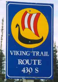 New Viking Trail marker, dark blue with Viking longboat, with route number and direction