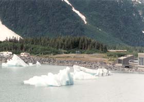 Icebergs floating across Portage Lake toward the visitor center